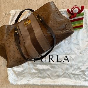FURLA ostrich embossed brown leather and suede bag
